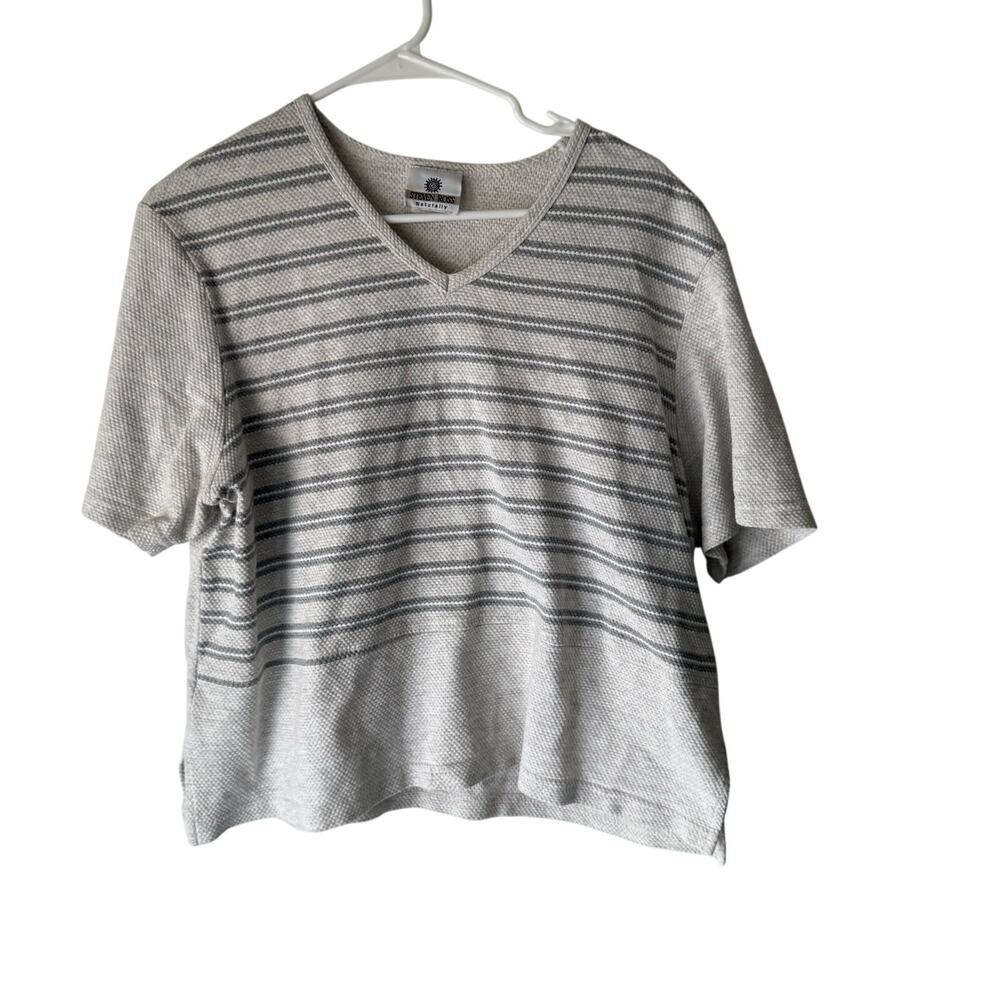 Steven Ross Naturally Vintage 90s XL Gray Striped‎ Cotton Short Sleeve Top